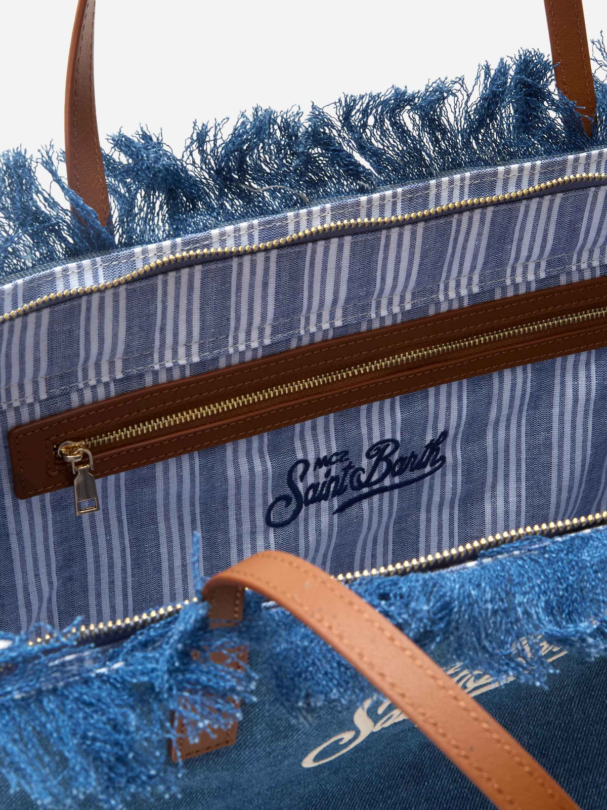 City regular bag in denim fabric with fringes