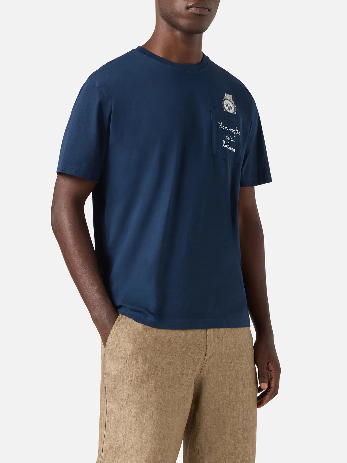 Blue Austin t-shirt with watch and Non Voglio Mica La Luna embroidery