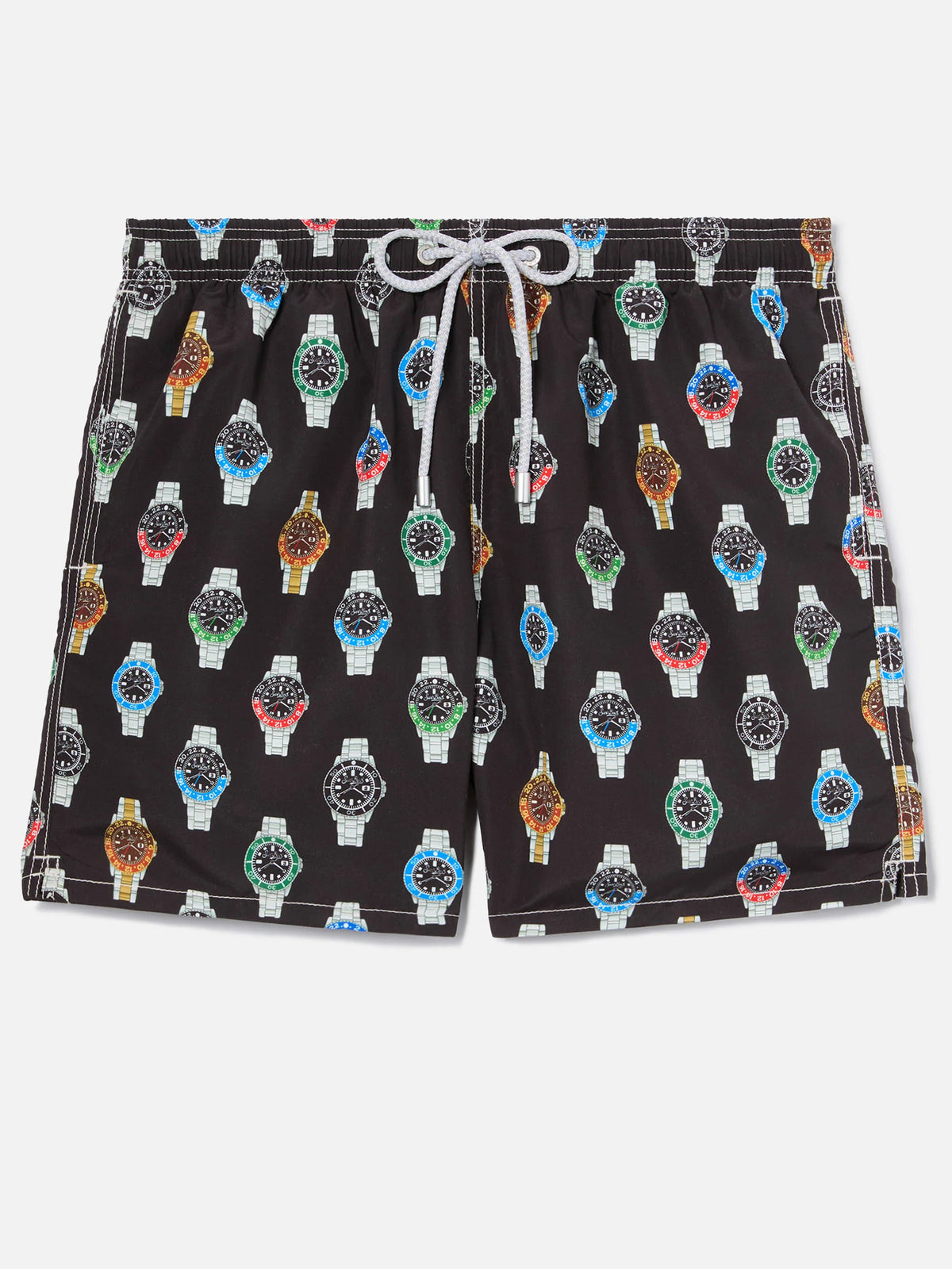 Gustavia swim shorts in solid black with watch print