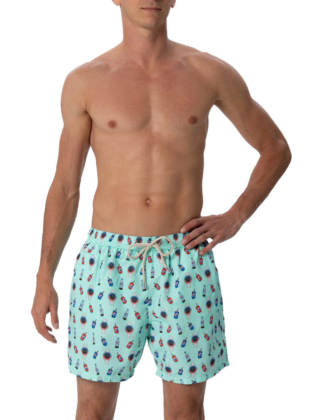 Lighting Micro Fantasy green watches and drinks print swim shorts