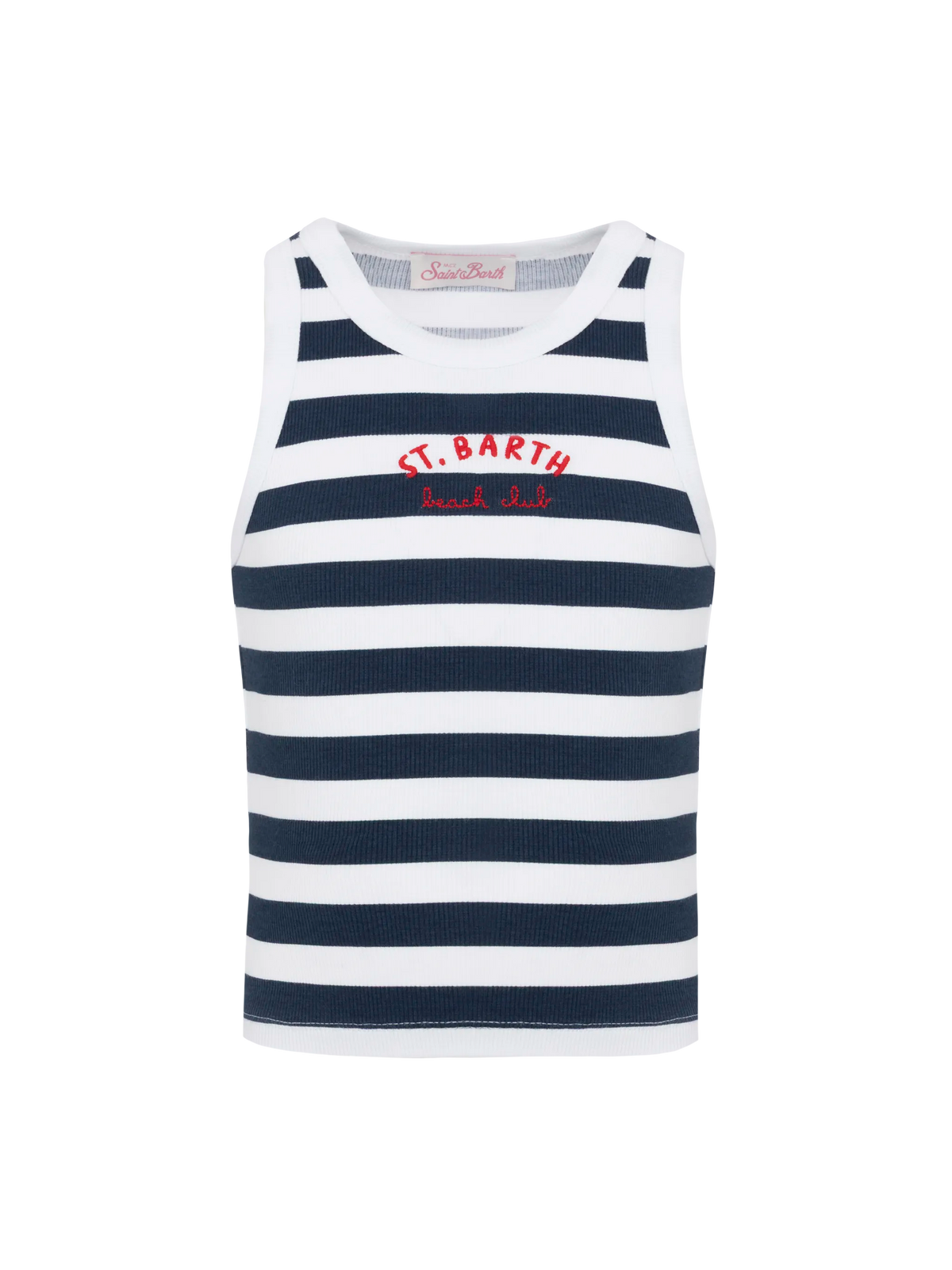 Blue Jr navy blue striped rib-knit cotton crop tank with embroidery