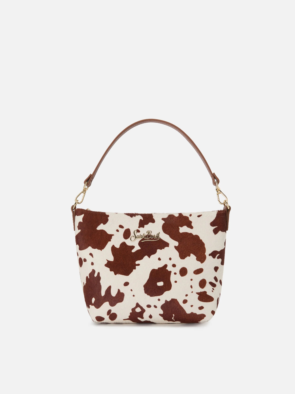 Aline bag in cow print pony hair with metal logo plaque