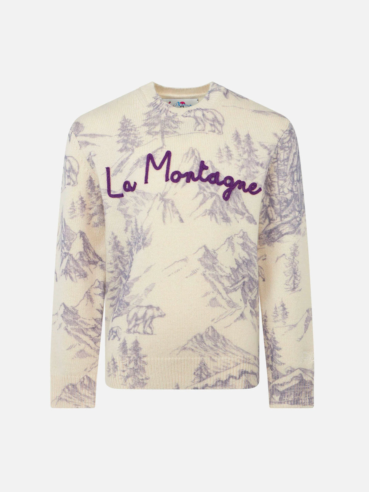Girl crewneck toile de jouy sweater with La Montagne embroidery
