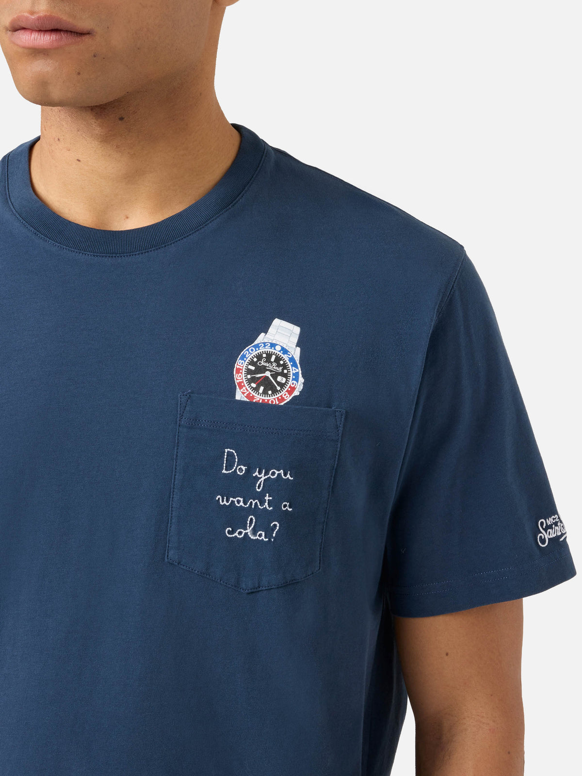 Blue Austin t-shirt with watch and Do You Want A Cola? embroidery