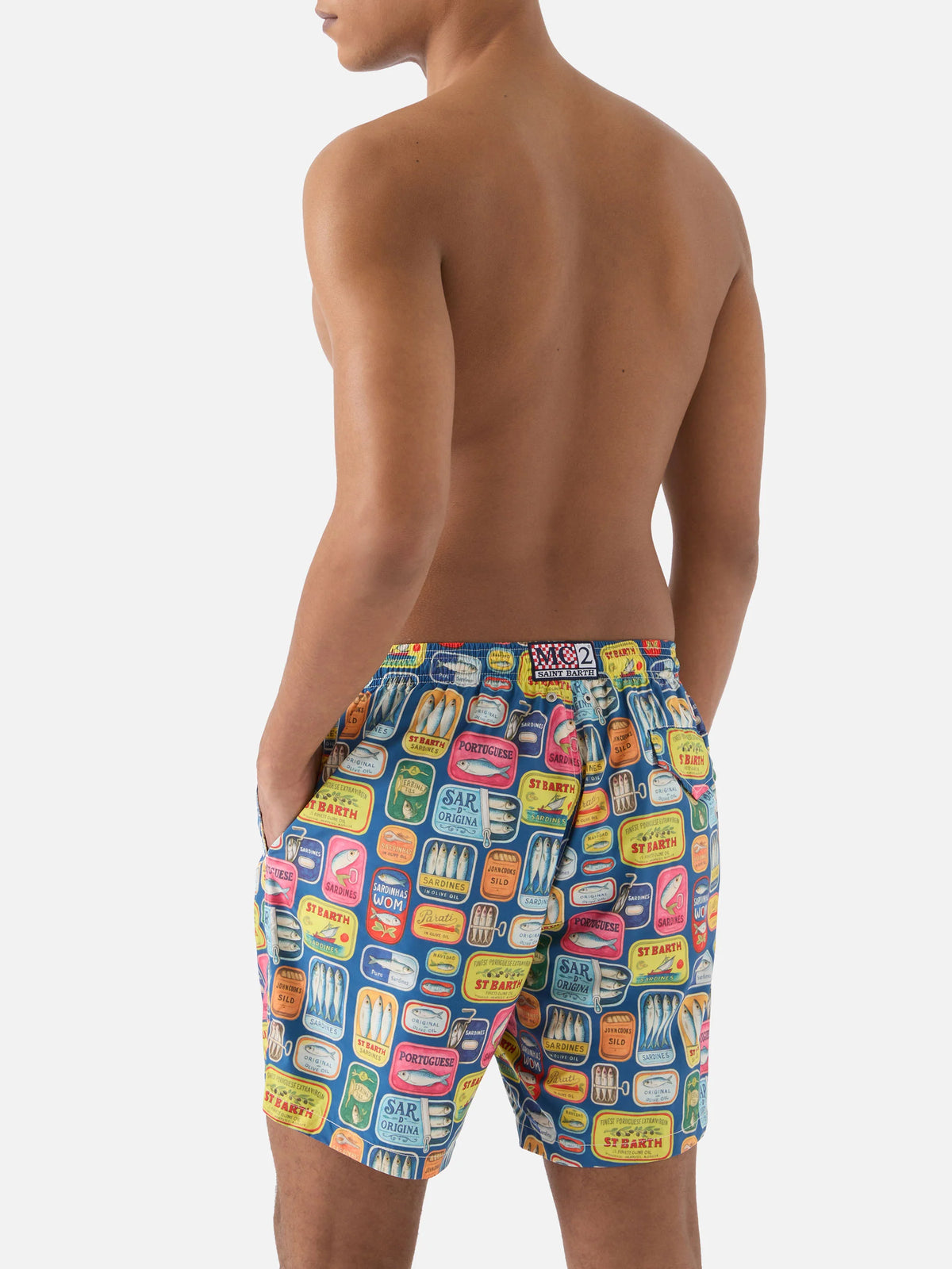 Blue Lighting swim shorts with all-over sardine tins print