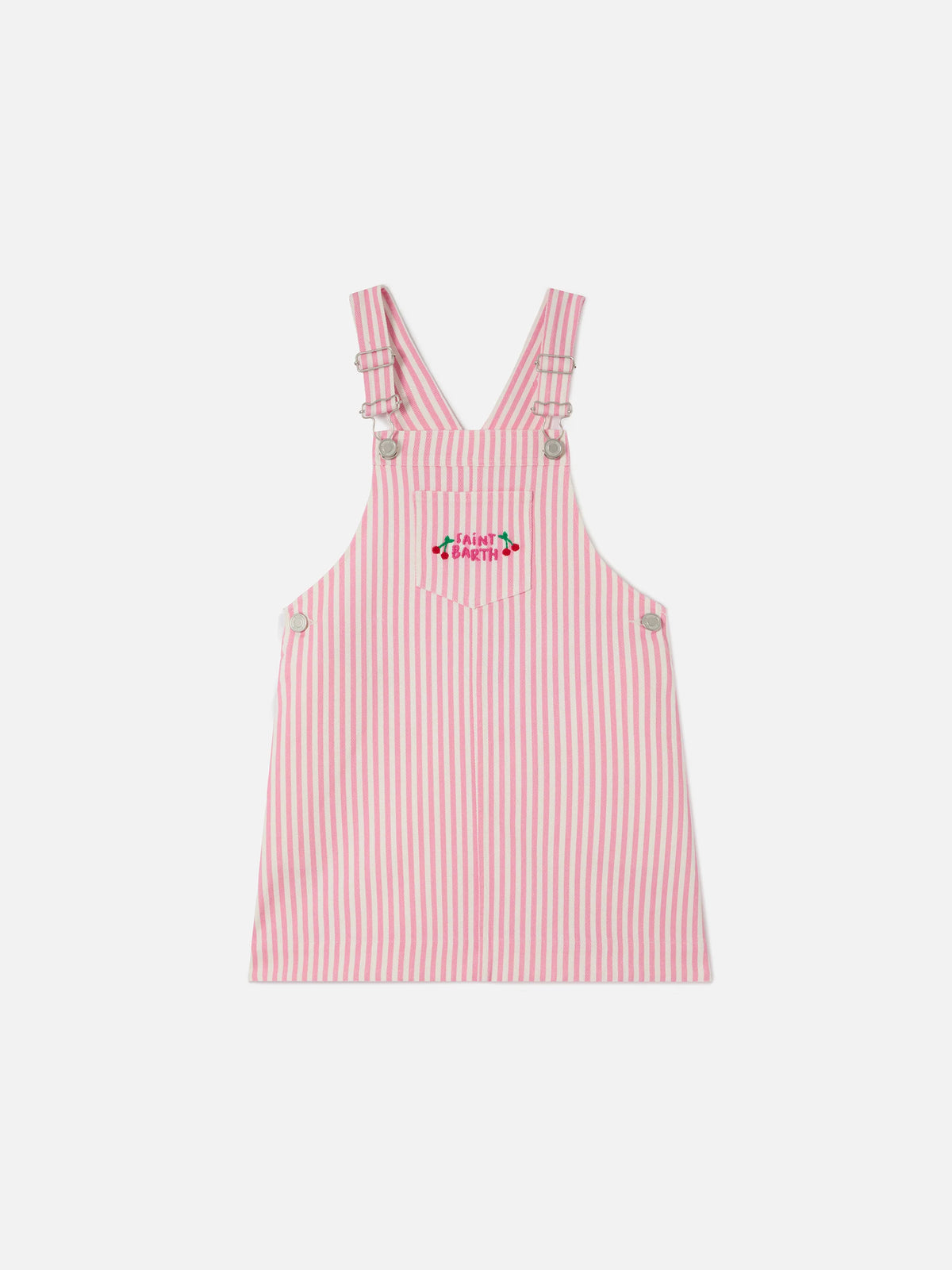 Pink striped denim pinafore dress Tecla Jr with embroidery
