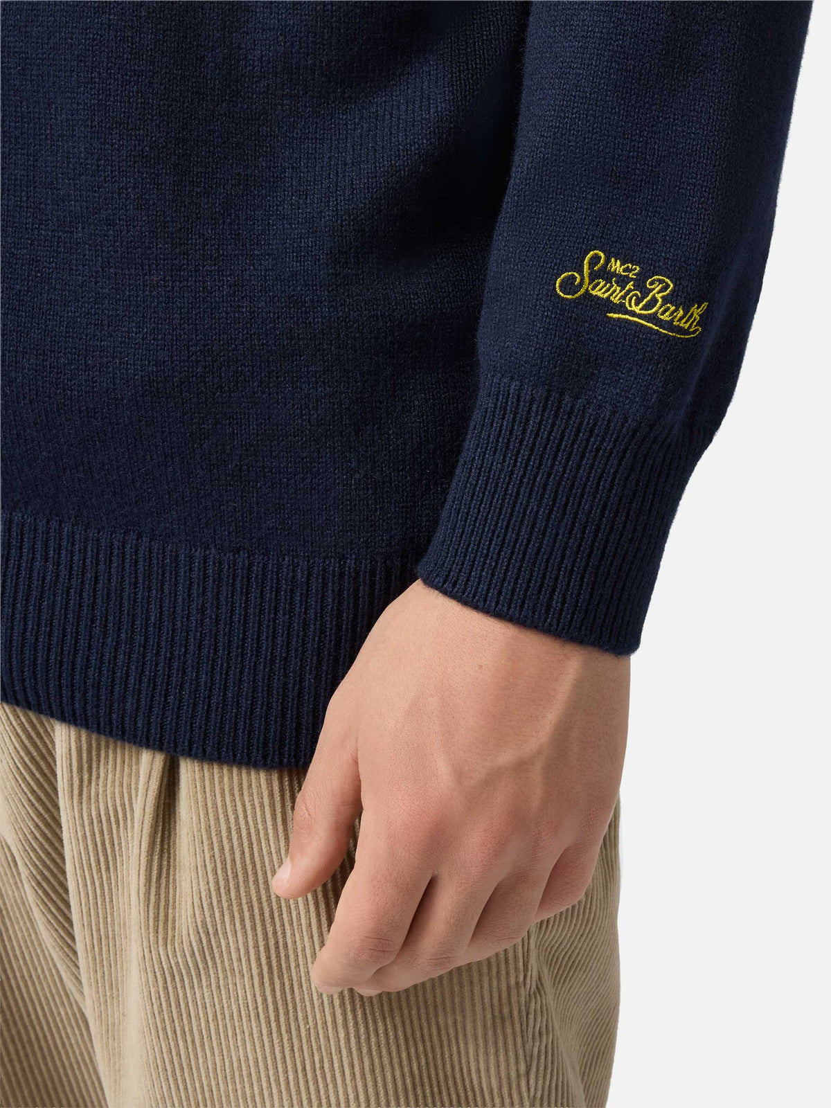 Blue sweater Heron with Gin Tonic embroidery