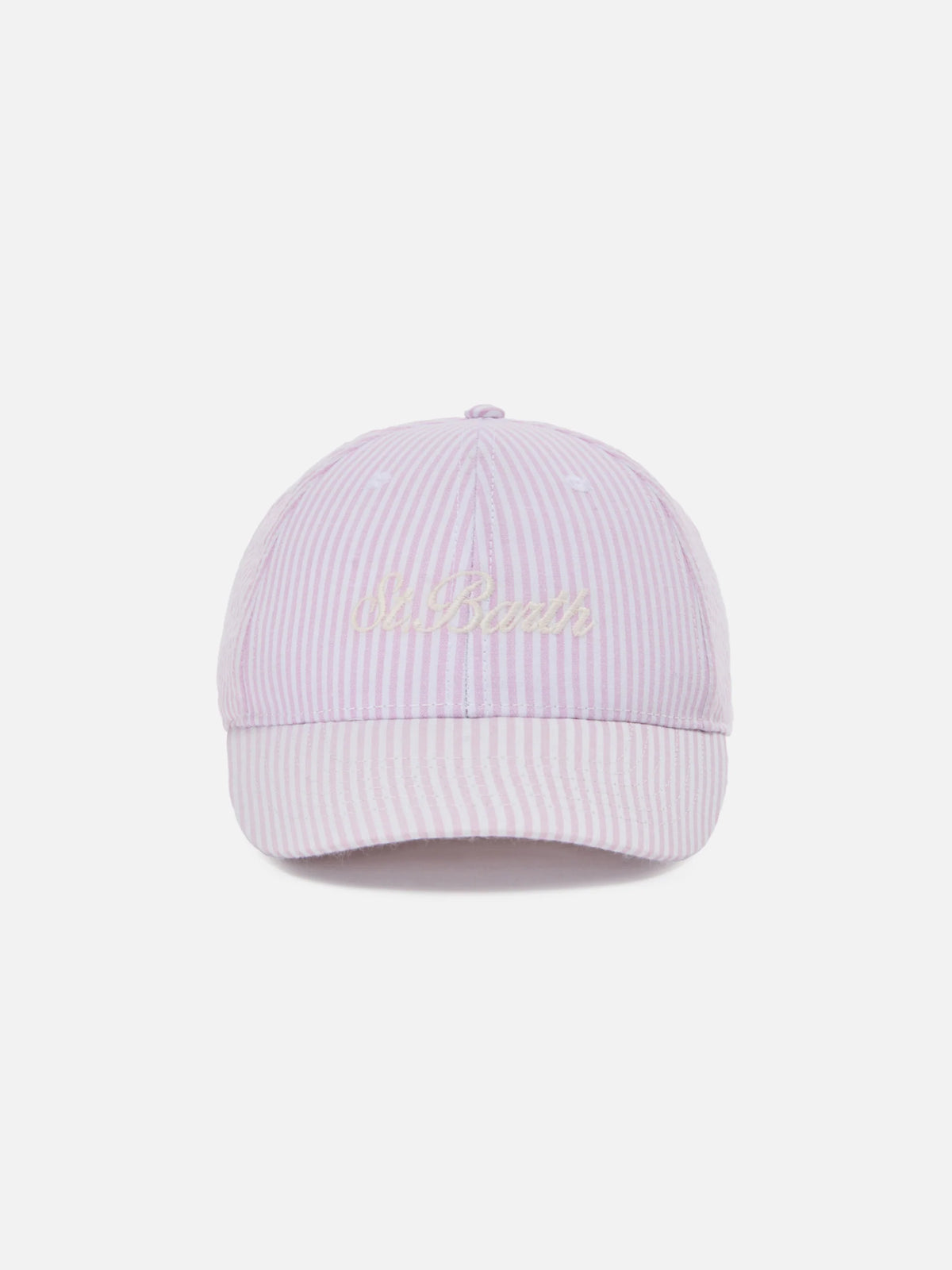 Baseball cap with visor in cotton seersucker with pink and white stripes