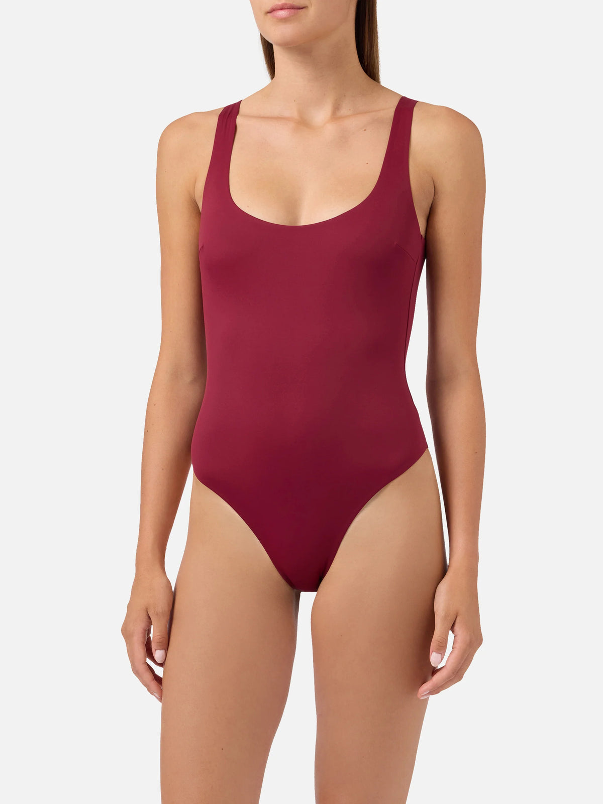 Cassandra square neck one-piece swimsuit in burgundy