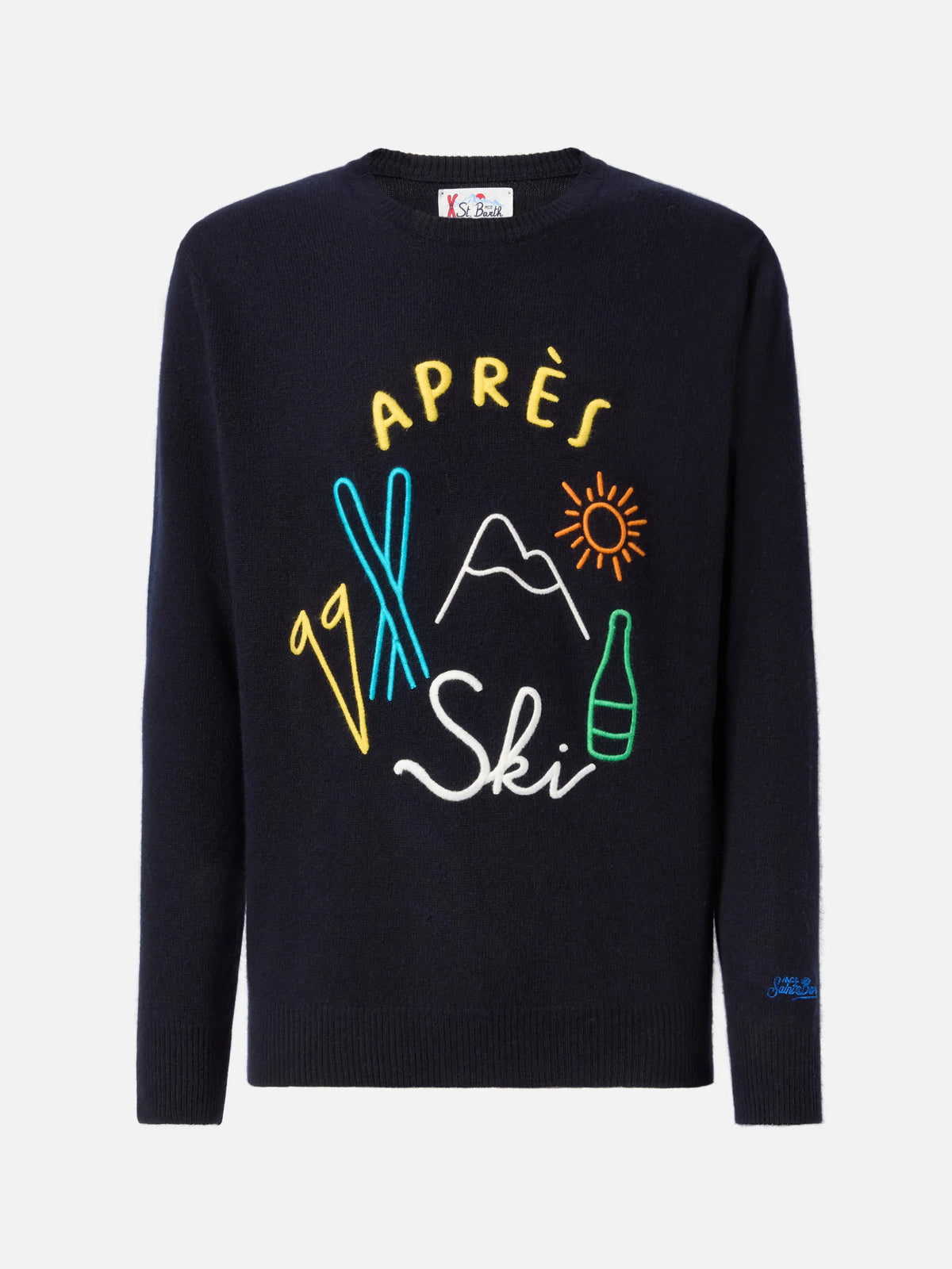 Blue sweater Heron with Apres ski embroidery
