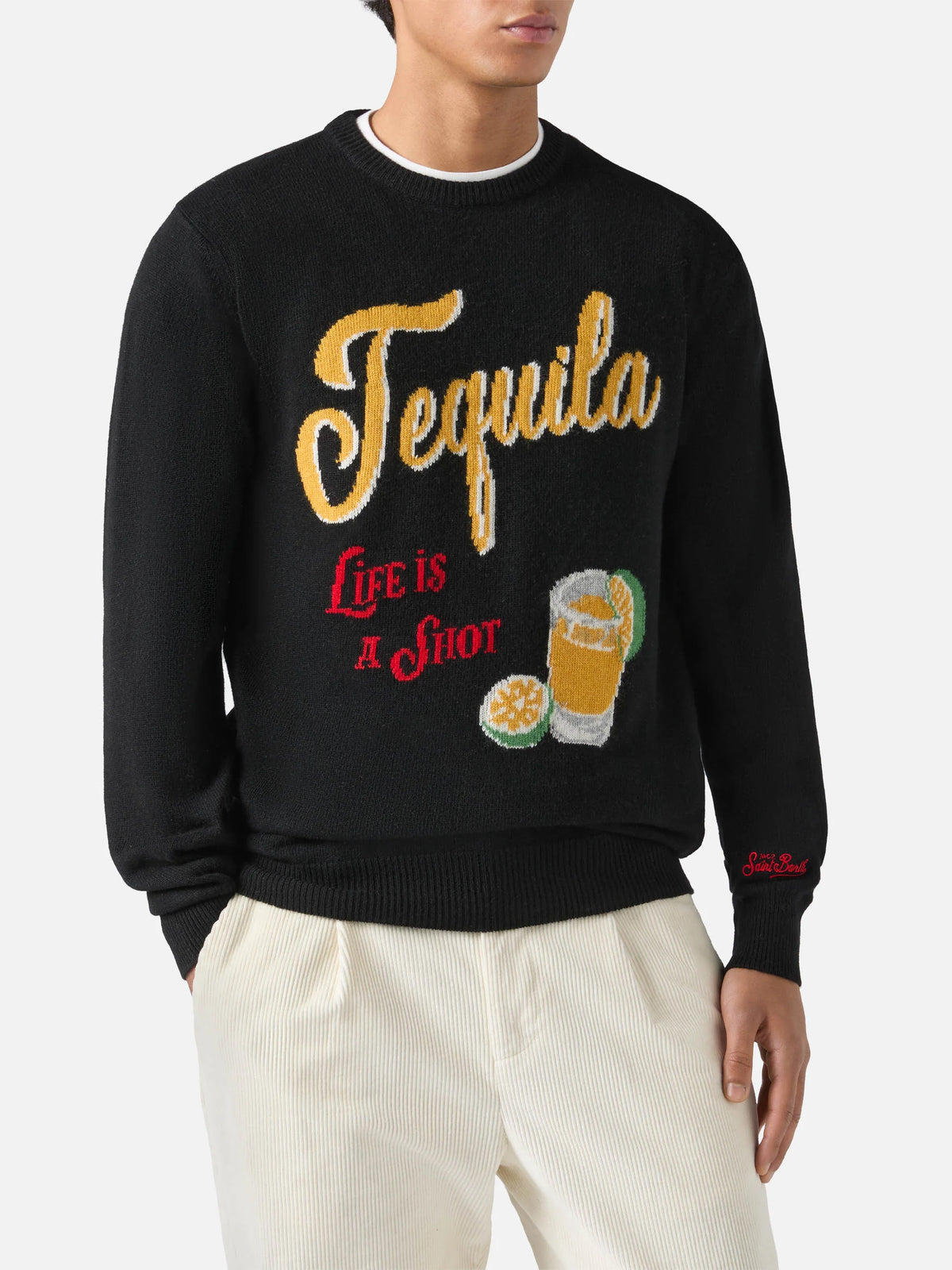 Black crewneck Heron with Tequila life is a shot jacquard