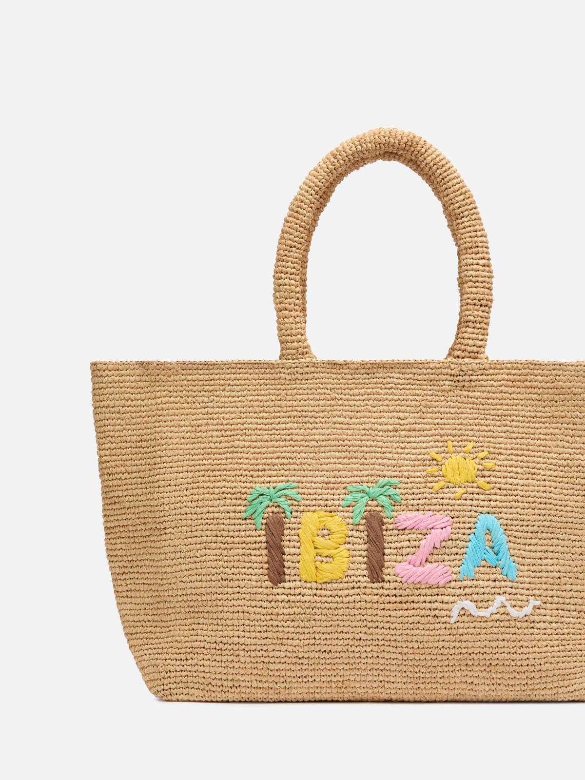 Beige Raffia Beach bag with cotton pouch and Ibiza embroidery