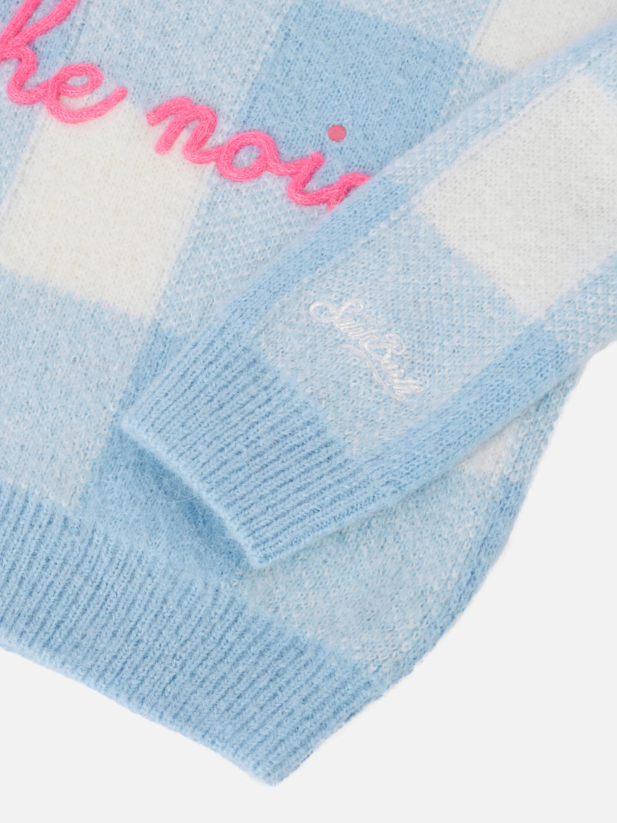 Crewneck sweater with check jacquard and Uff… che noi embroidery