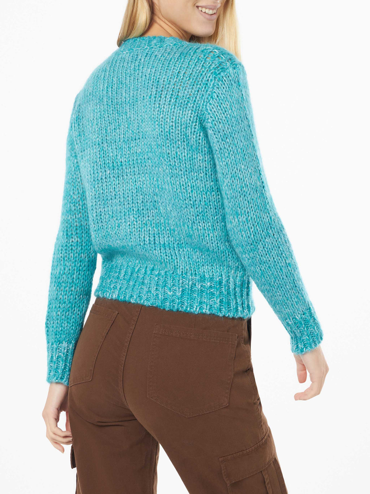 New Queen turquoise mouliné yarn crop sweater with embroidery
