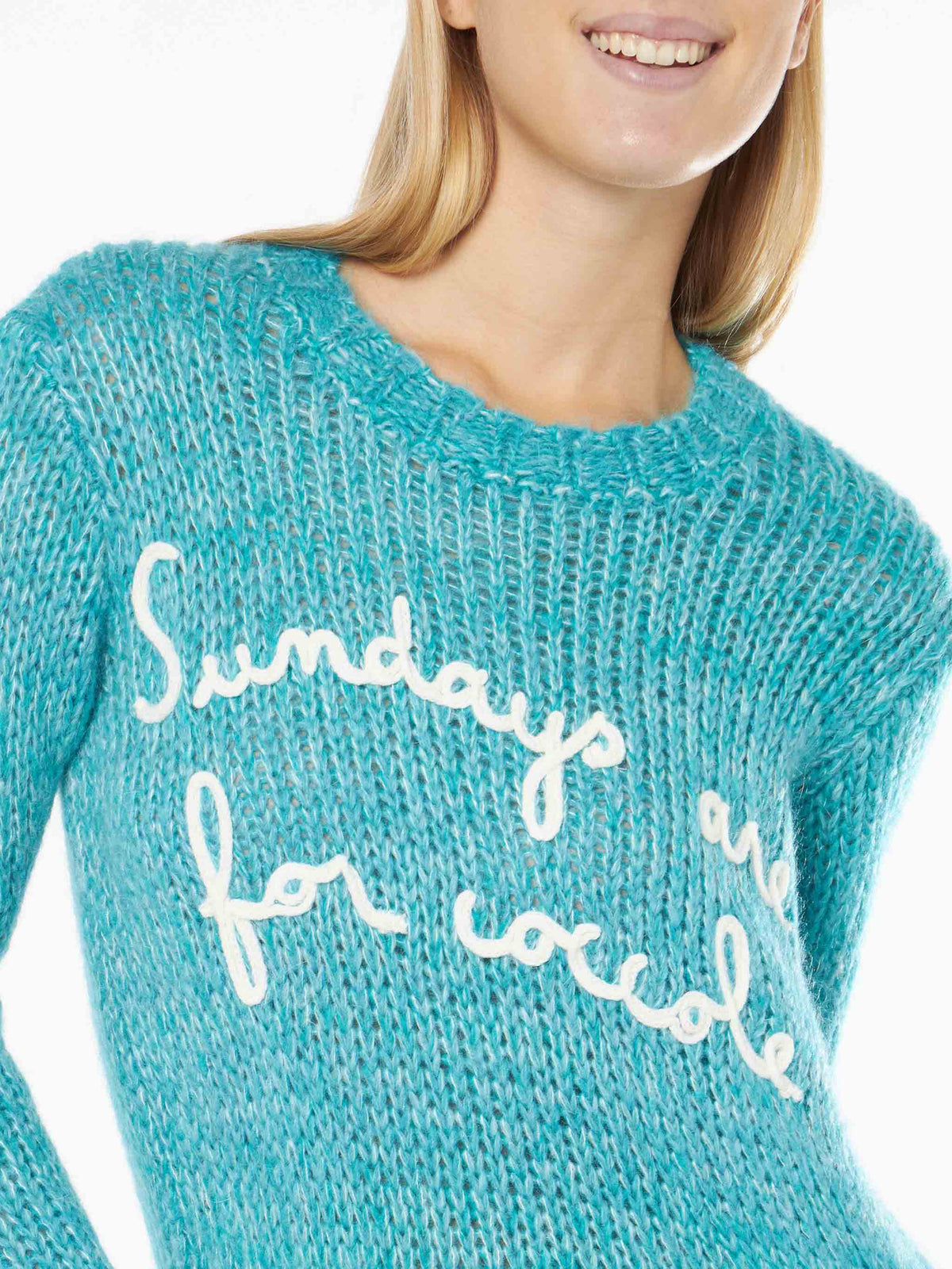 New Queen turquoise mouliné yarn crop sweater with embroidery
