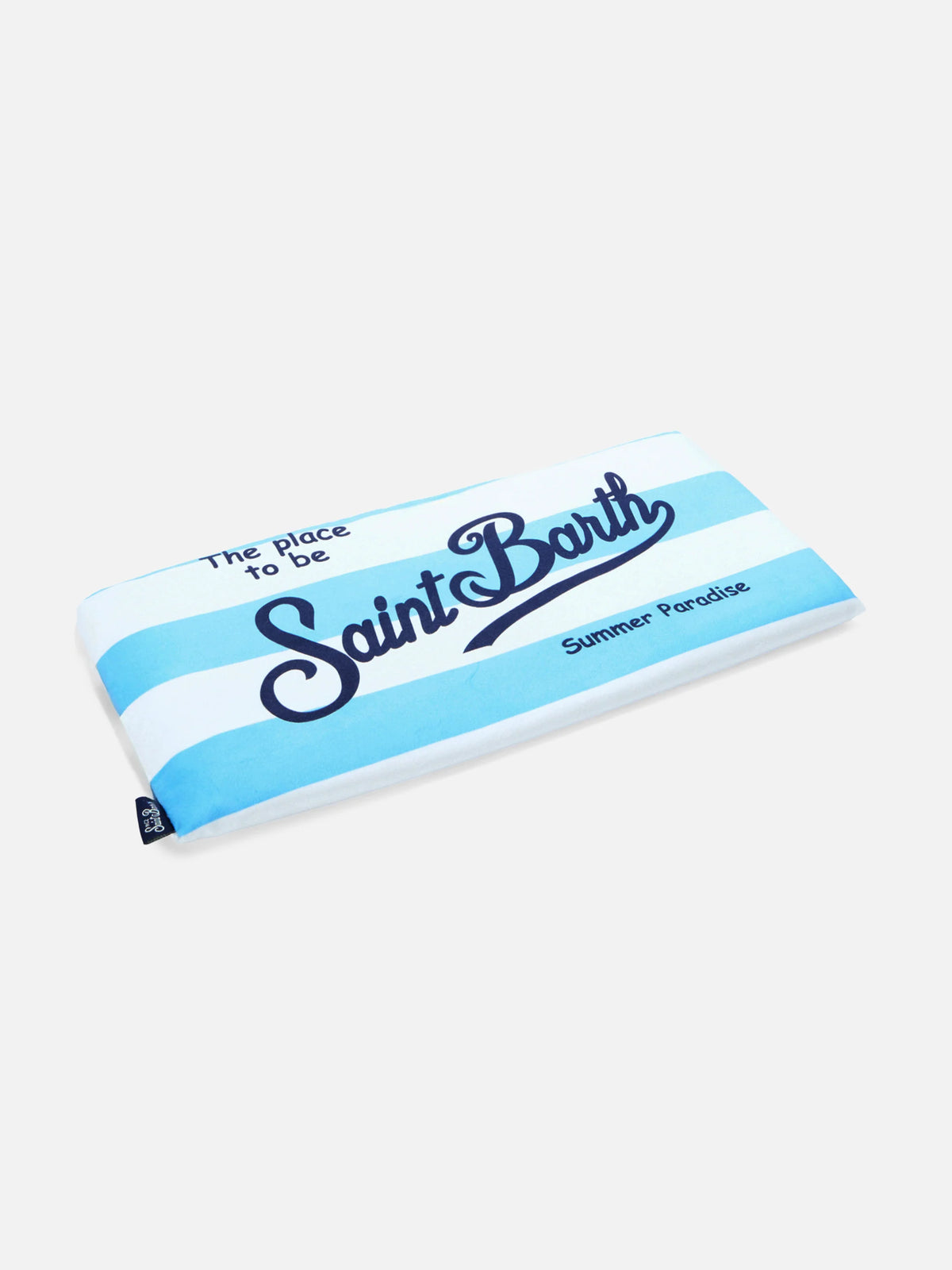 Aidan beach towel with light blue and white stripes and logo