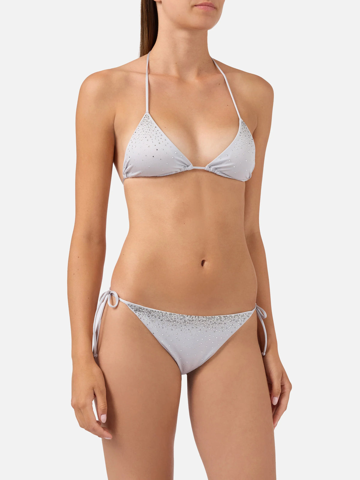 Annabelle Virgo silver glossy finish bikini with rhinestone details