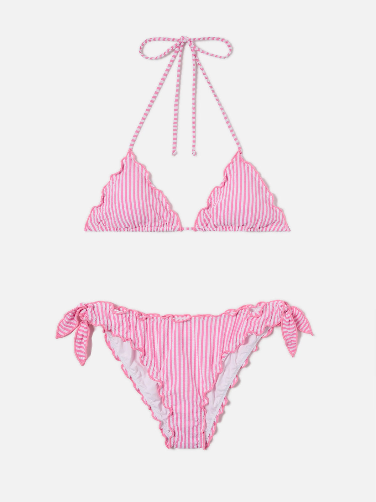 Bikini Sarius triangle in white and pink striped seersucker