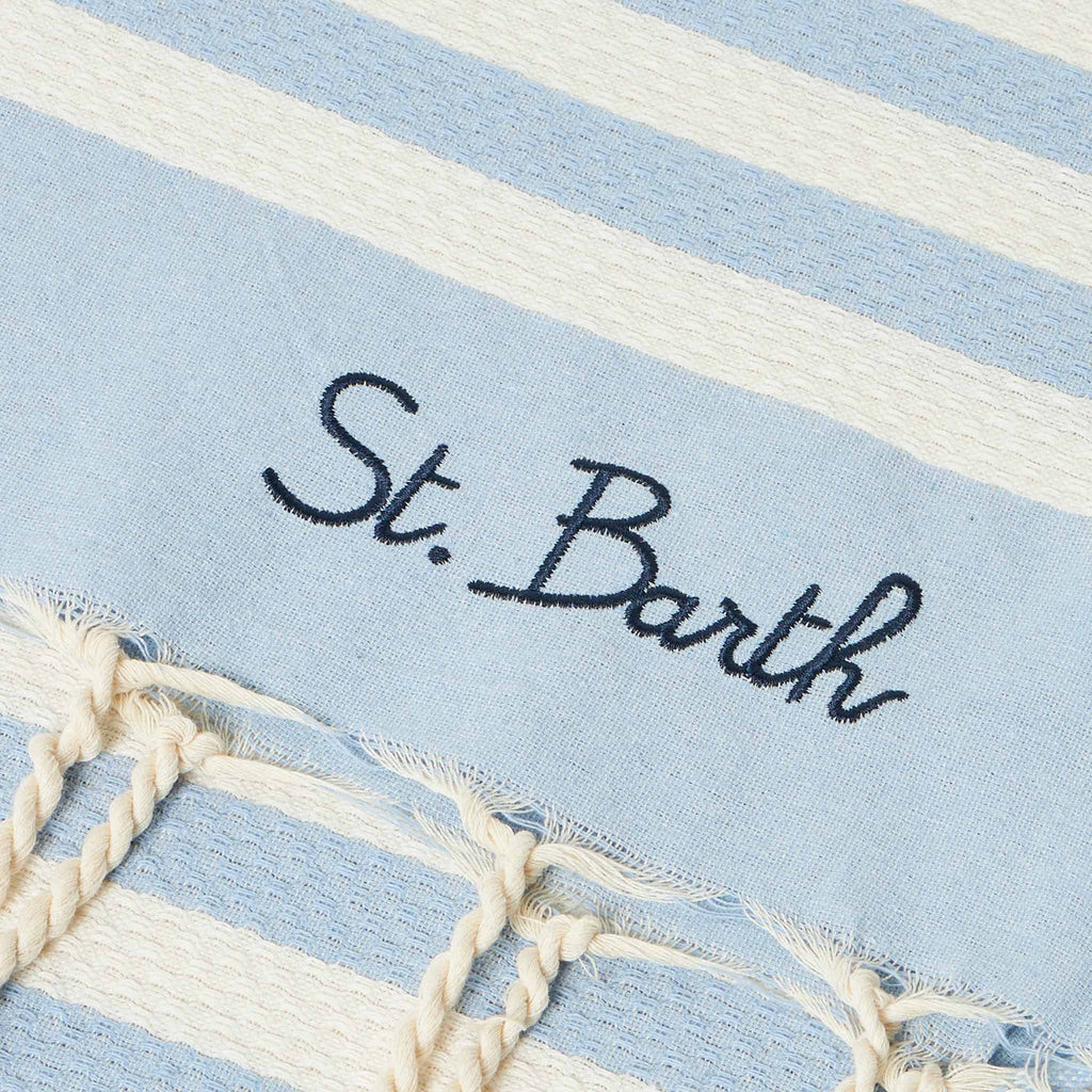 Fabric bracelet with light blue stripes and embroidery