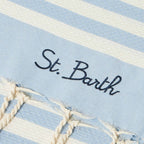 Fabric bracelet with light blue stripes and embroidery