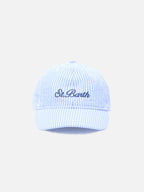 Baseball cap with visor in cotton seersucker with light blue and white stripes