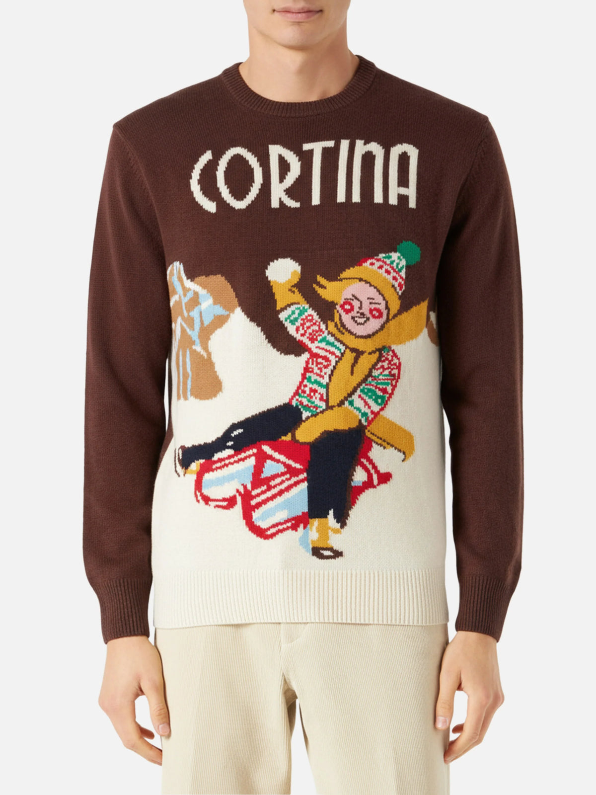 Crewneck sweater with Cortina postcard jacquard