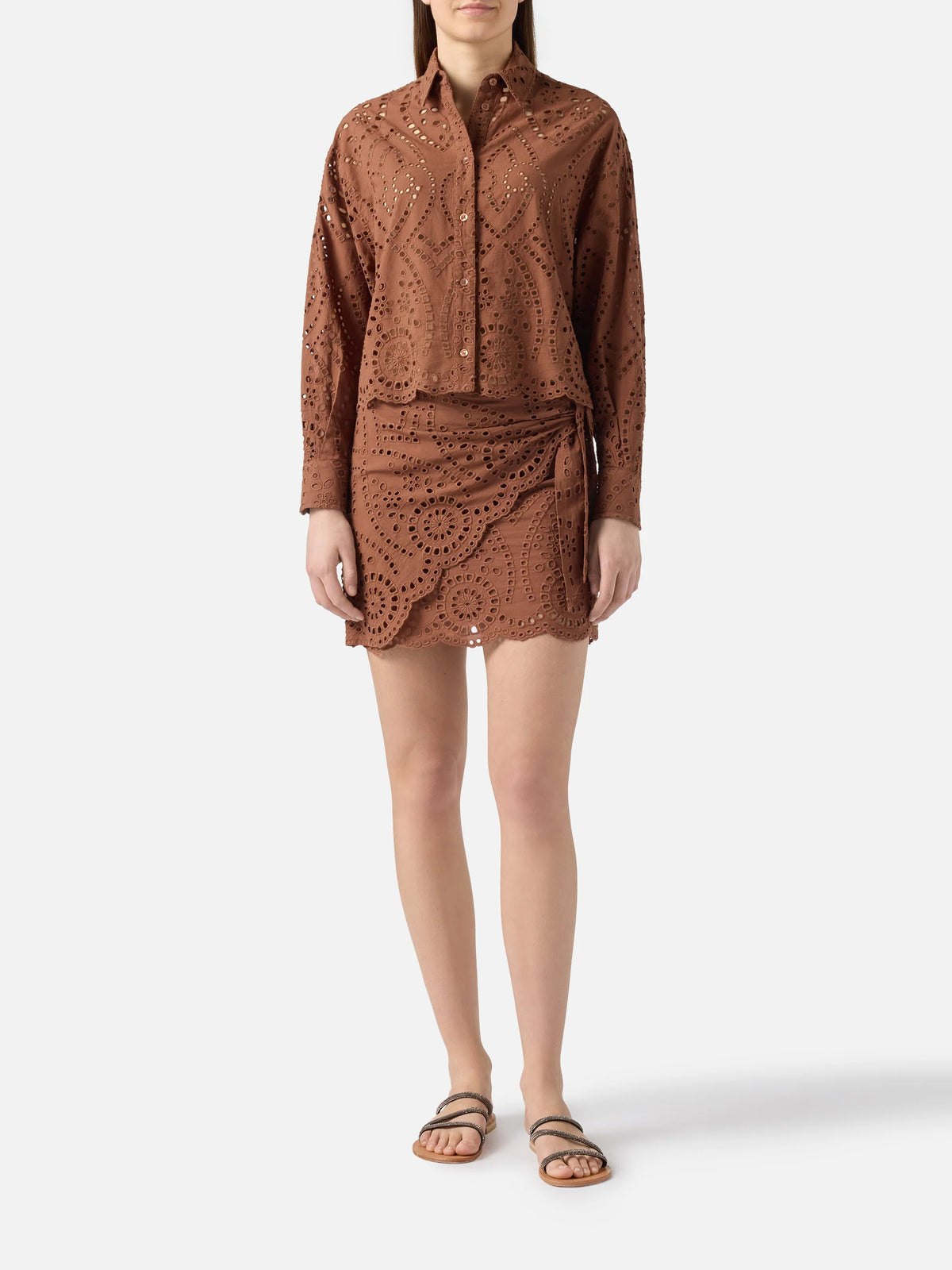 Brown Nyra broderie anglaise mini skirt