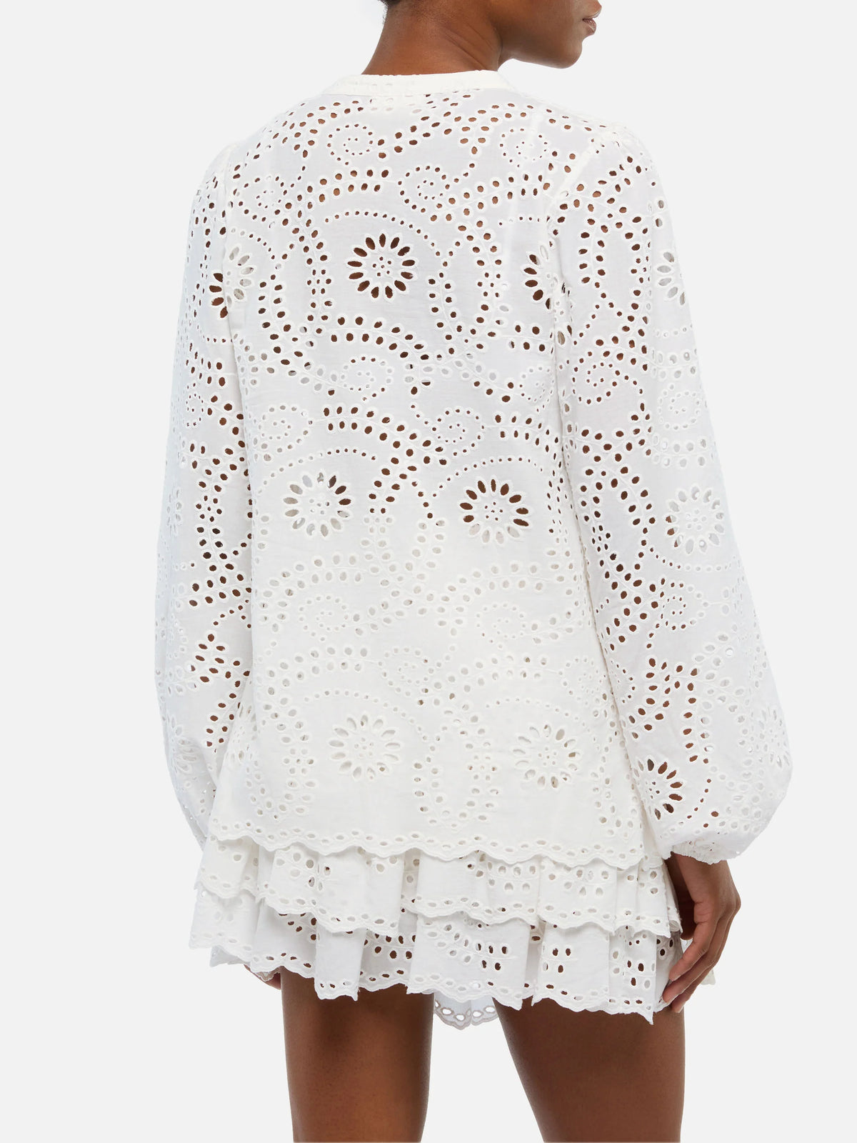 Harper silk voile blouse in white Sangallo lace