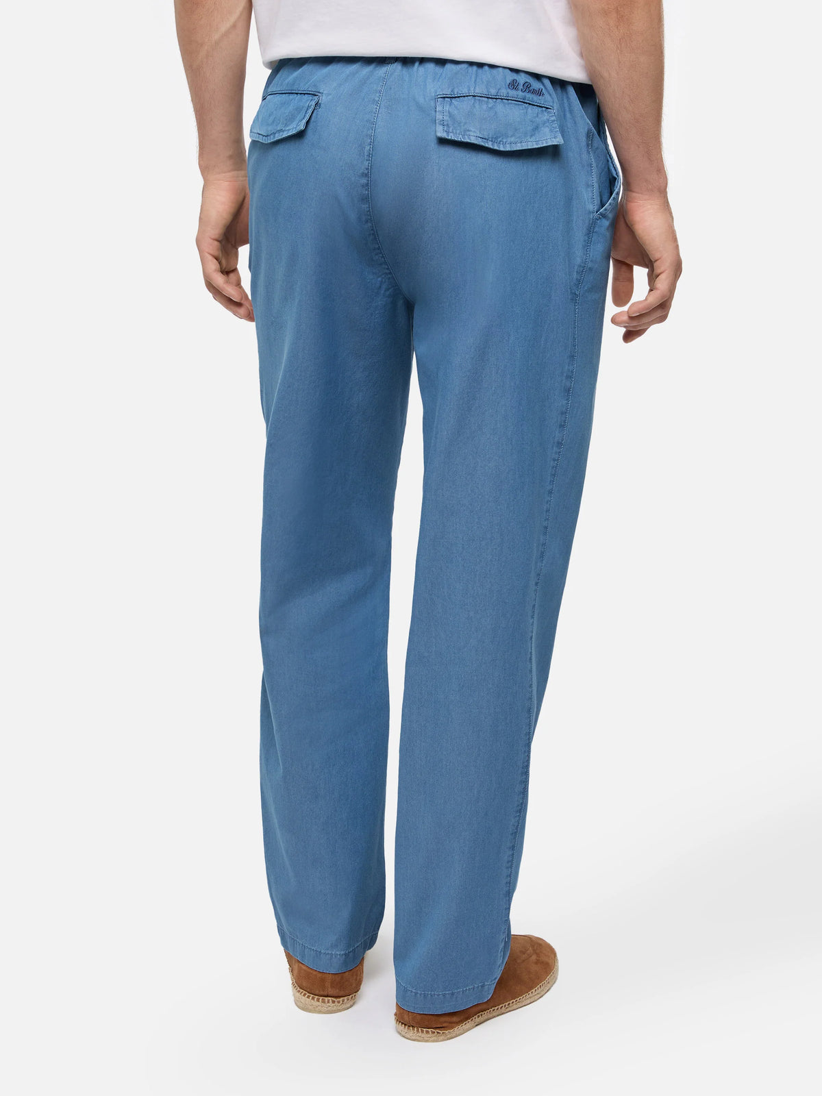 Calais denim blue chambray pants with drawstring