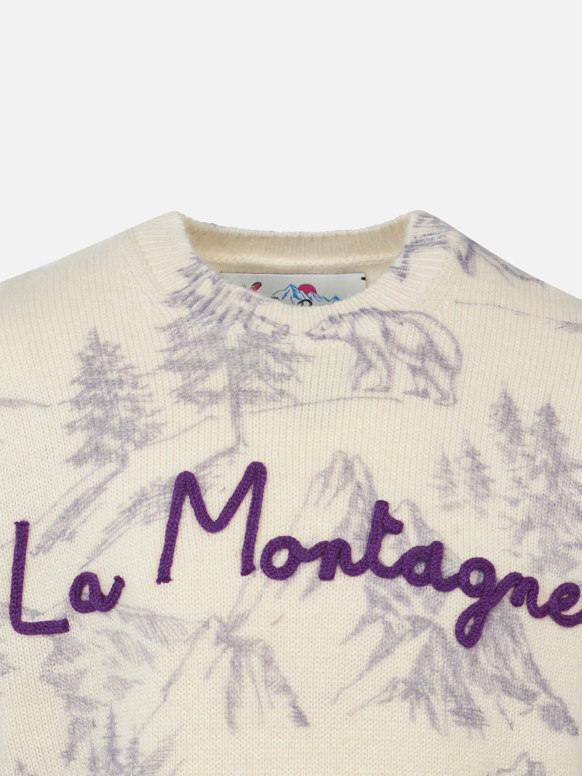Girl crewneck toile de jouy sweater with La Montagne embroidery