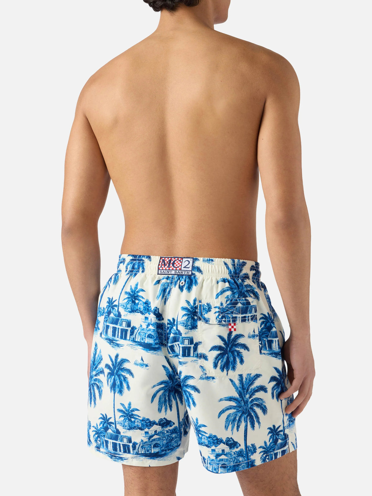 Gustavia swim shorts with blue toile de jouy print | Special Edition
