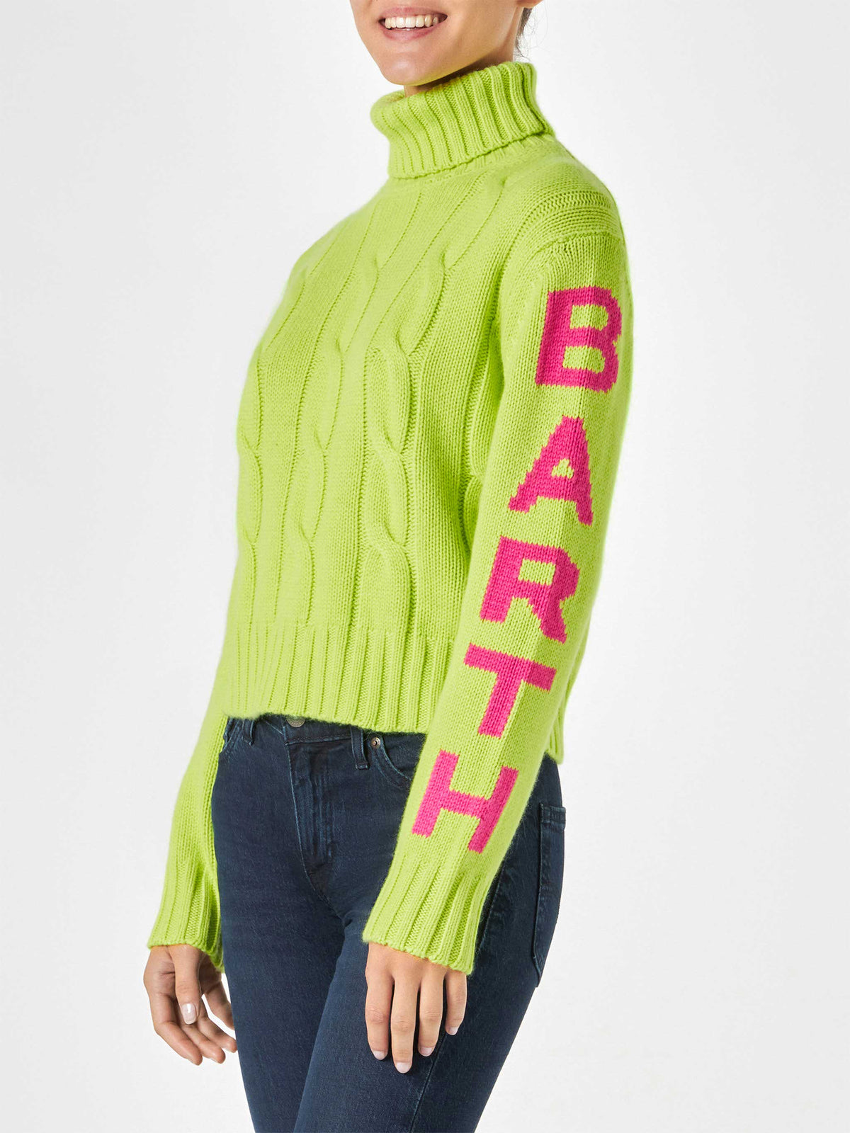 Adler fluo yellow cable-knit turtleneck sweater