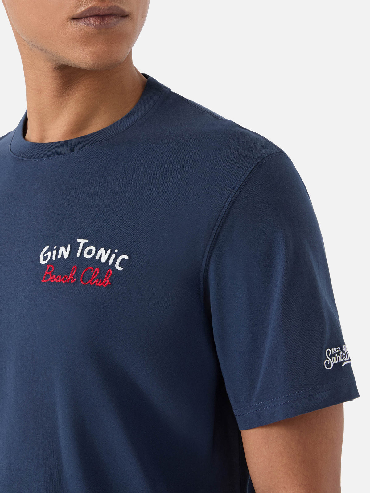 Blue Portland t-shirt with Gin Tonic Beach Club front/back embroidery