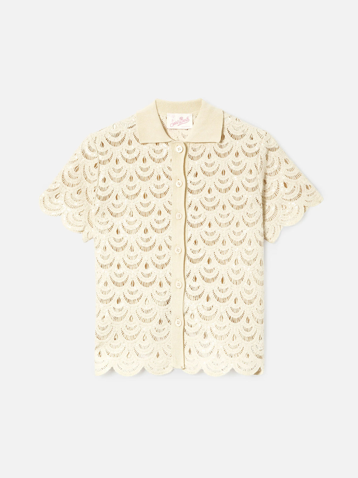 Monet crochet-effect cotton knit polo with sequins