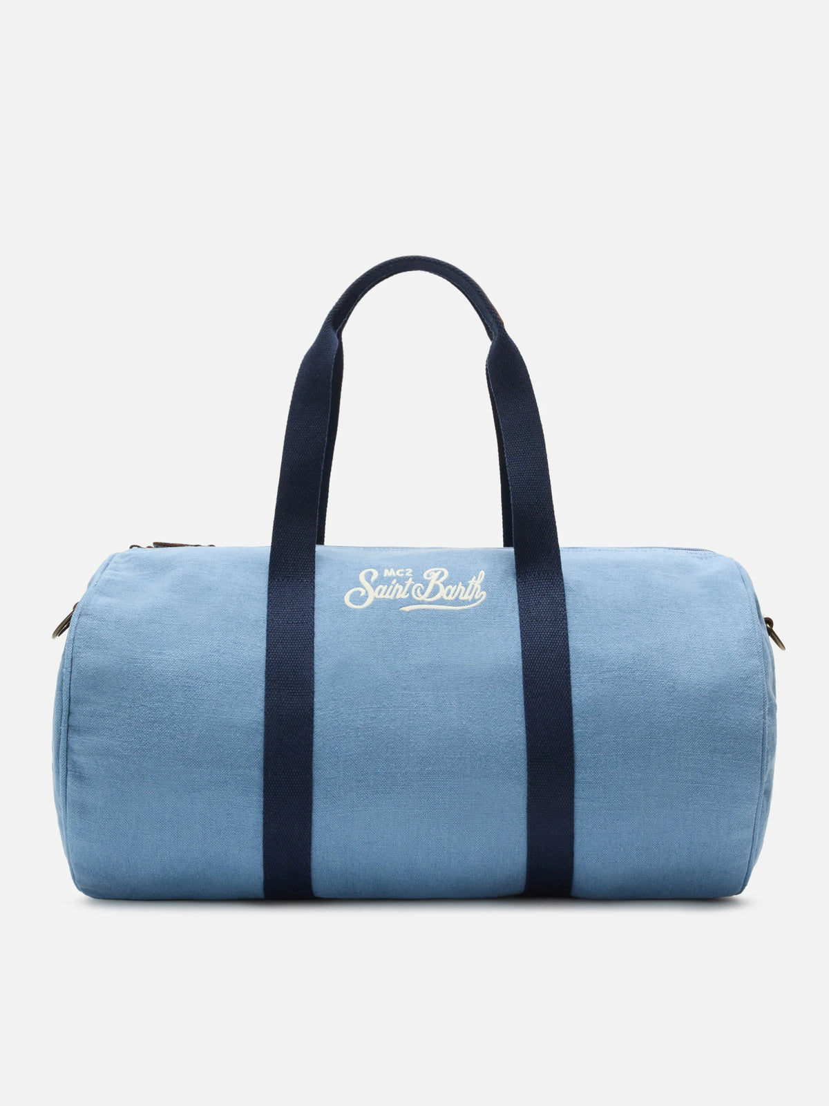 Round Jetleg blue linen weekender with contrasting embroidered logo