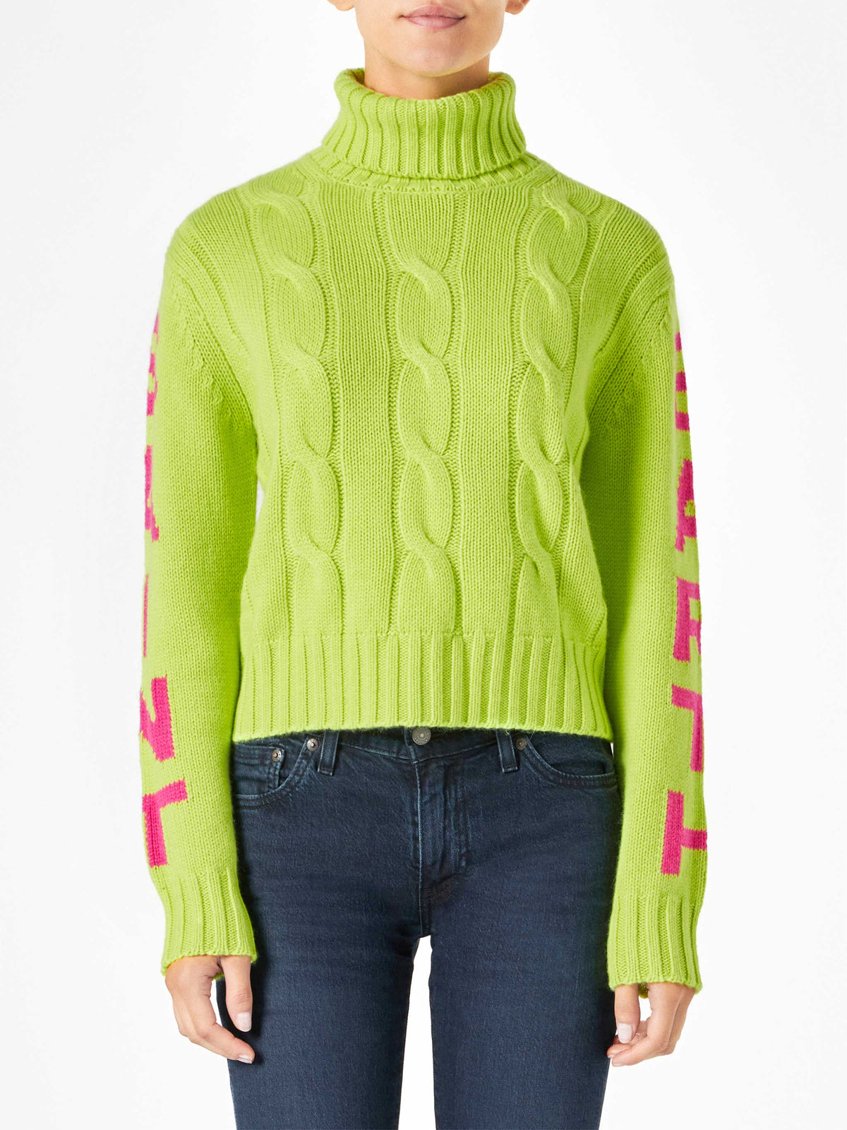 Adler fluo yellow cable-knit turtleneck sweater