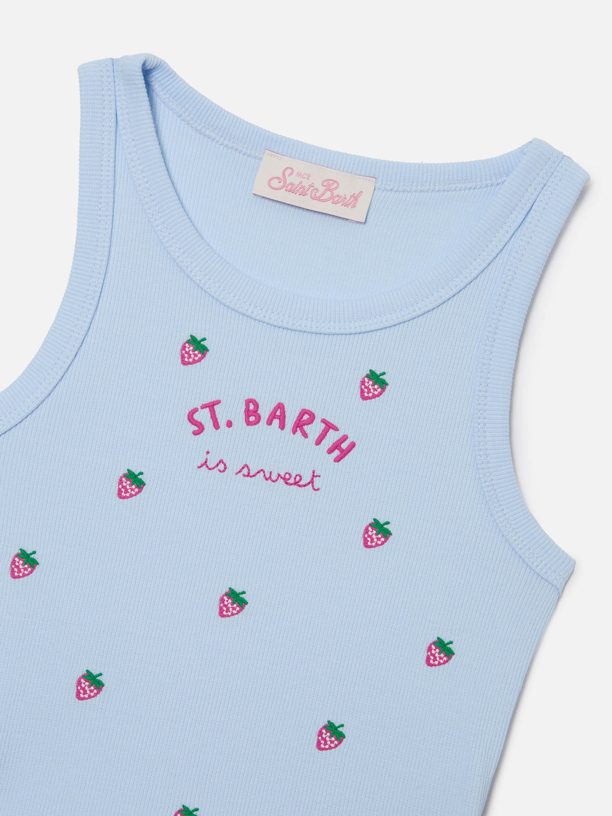 Blue Jr Tank-Top in light blue with St. Barth is sweet embroidery and strawberries