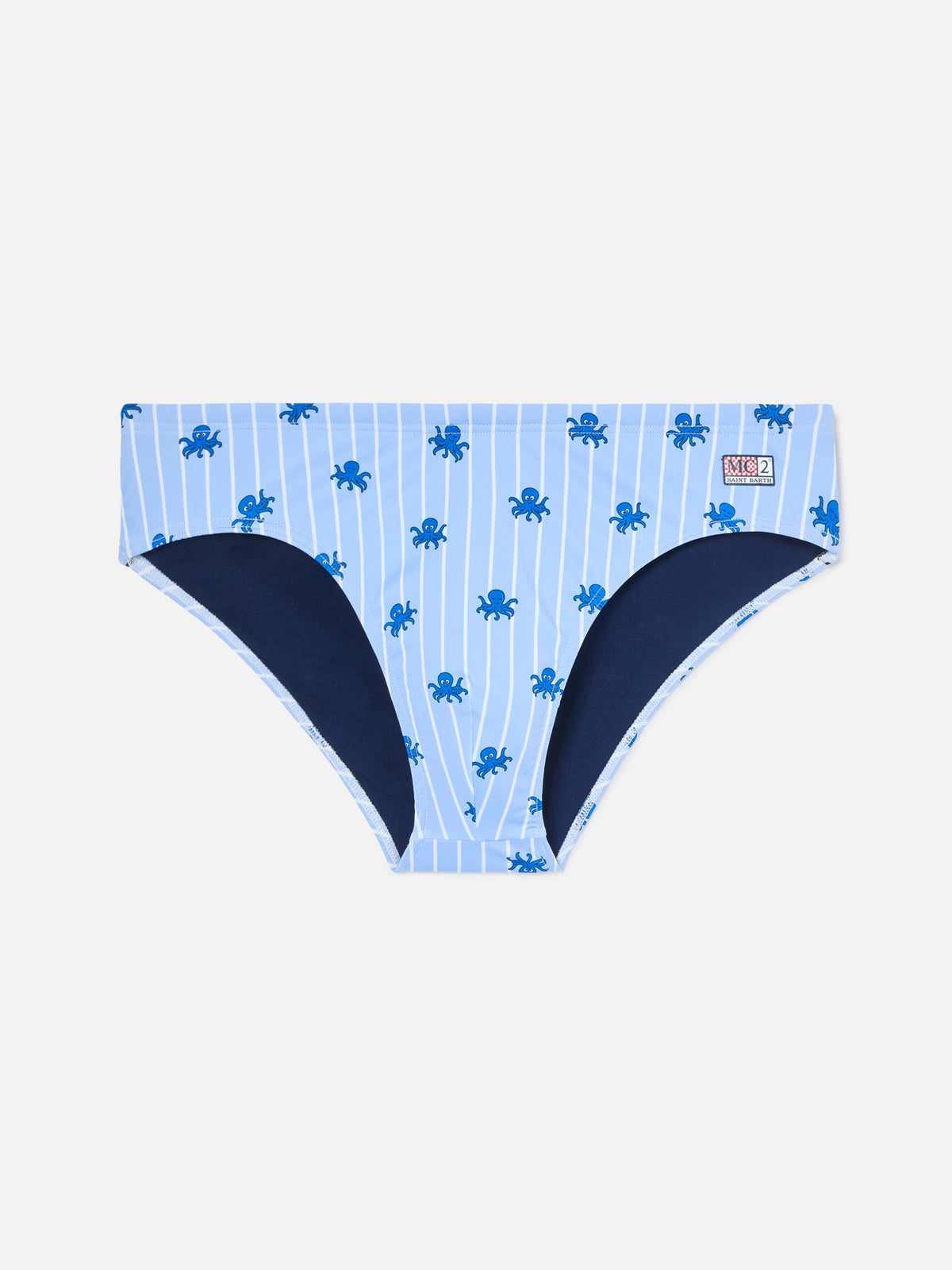 Cayo light blue striped swim briefs with octopus print
