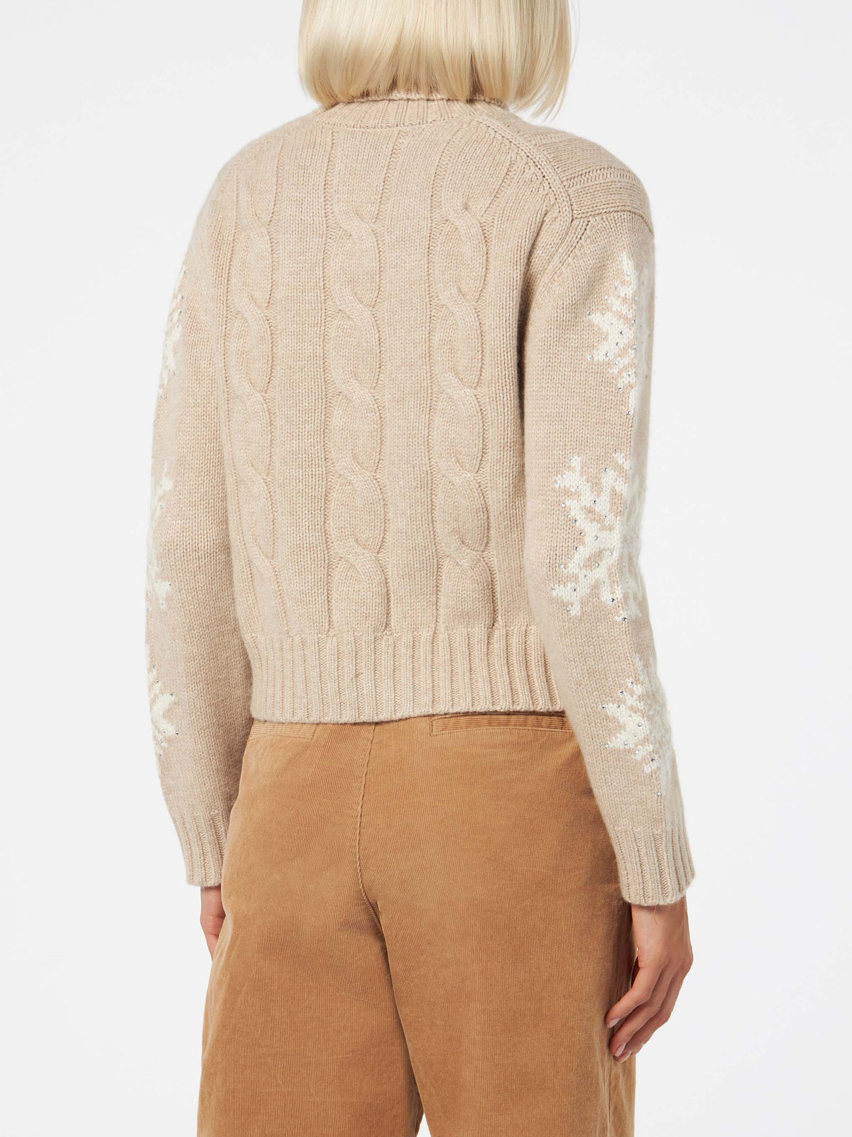 Adler beige cable knit turtleneck sweater with rhinestones