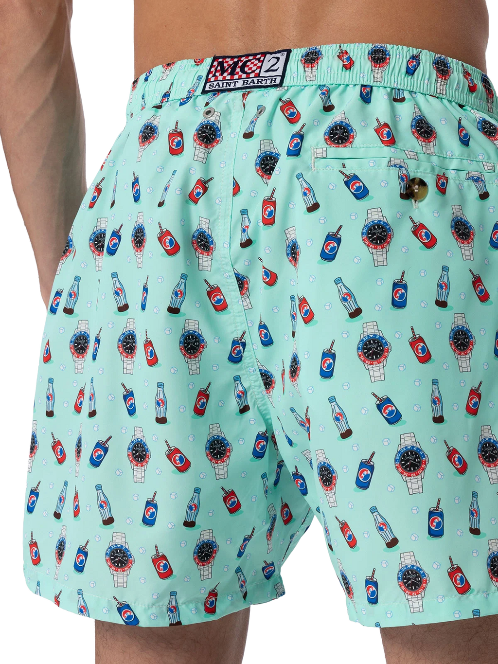 Lighting Micro Fantasy green watches and drinks print swim shorts