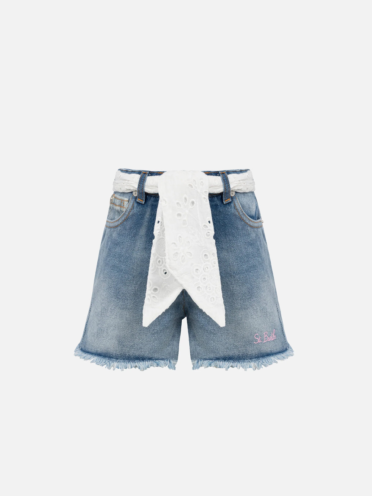 Blue Jr off-white rib-knit cotton crop tank with embroidery