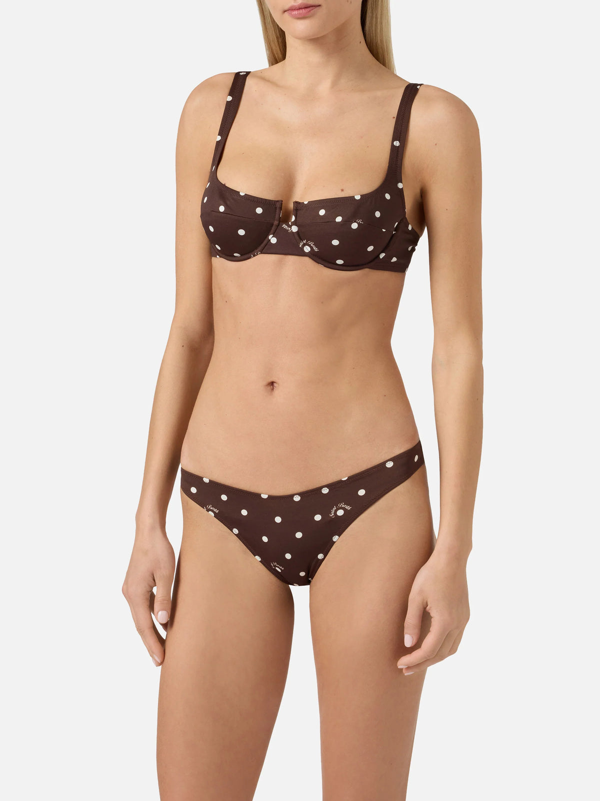 Amira Naomi brown white polka dot bikini