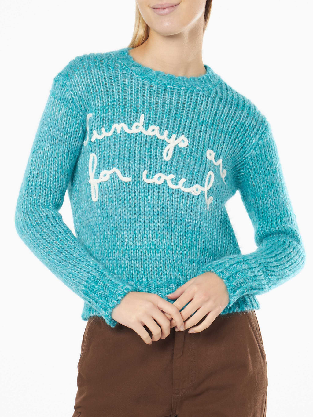 New Queen turquoise mouliné yarn crop sweater with embroidery