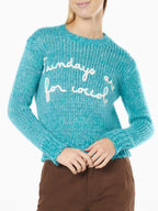 New Queen turquoise mouliné yarn crop sweater with embroidery
