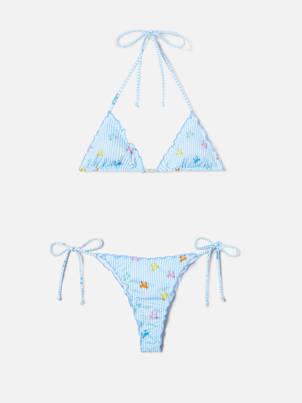 Bikini Sagitami triangle with white and light blue stripes and crab print