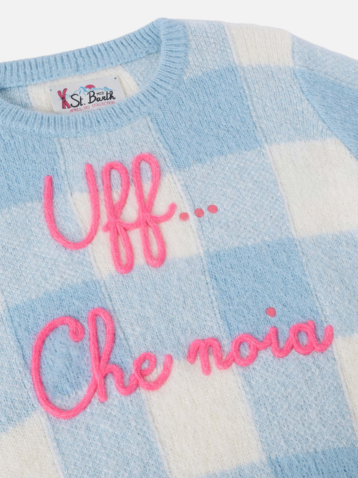 Crewneck sweater with check jacquard and Uff… che noi embroidery