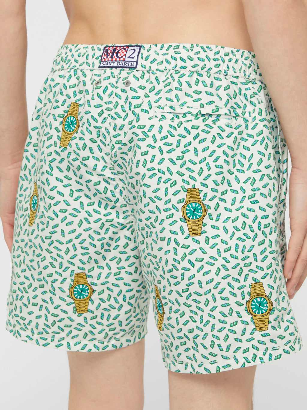 Mid-length striped Gustavia swim-shorts with watches embroidery