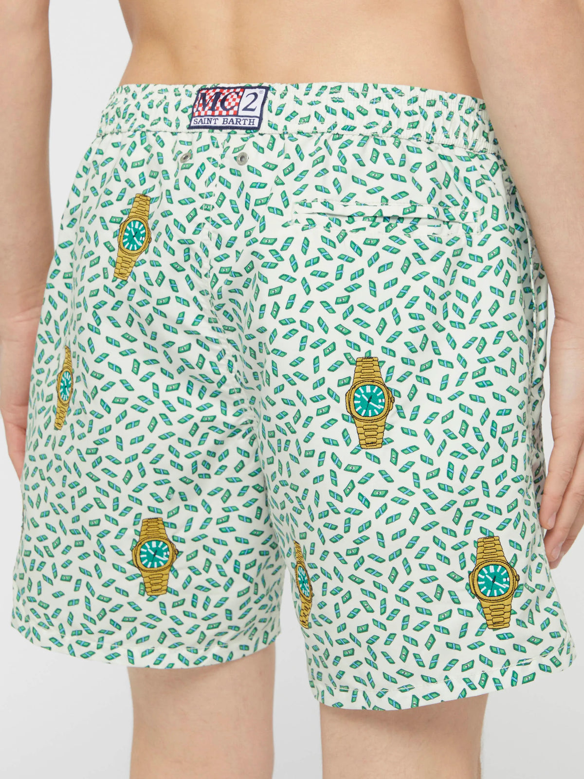 Mid-length striped Gustavia swim-shorts with watches embroidery