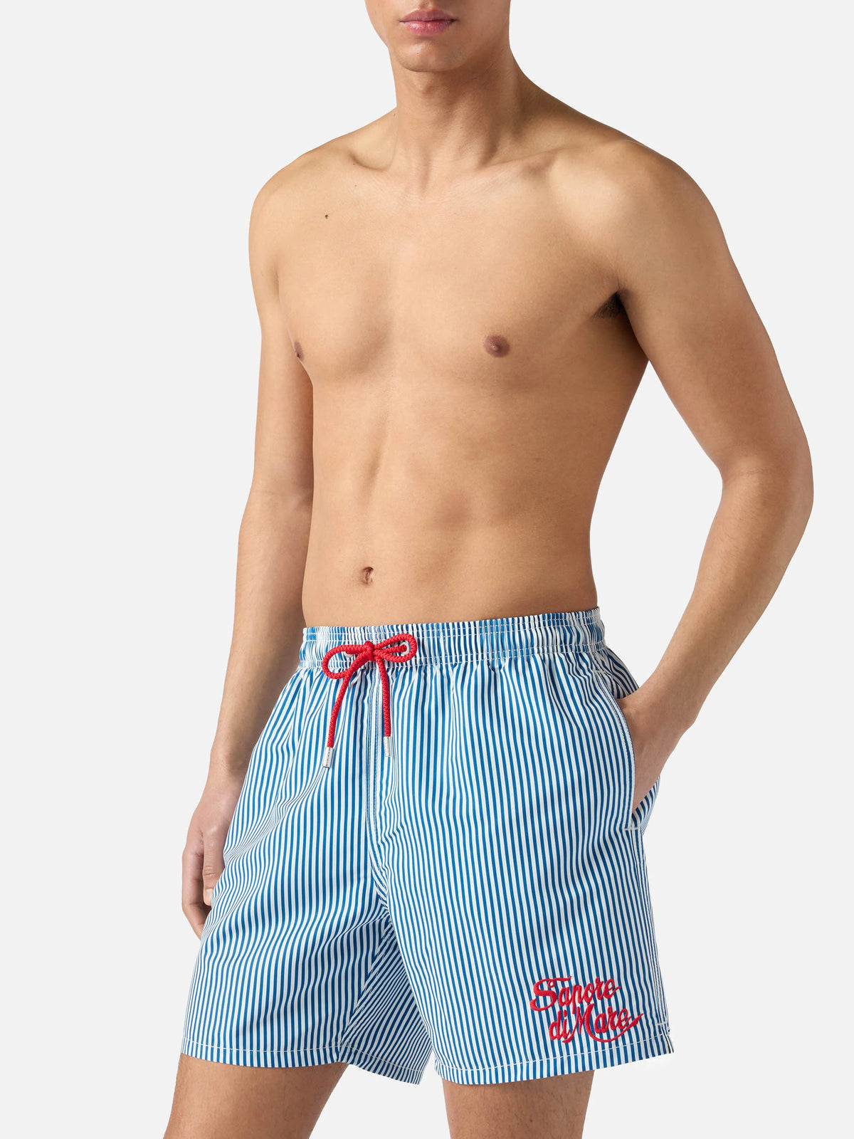 Gustavia blue striped swim shorts with Sapore di Mare embroidery | Special Edition