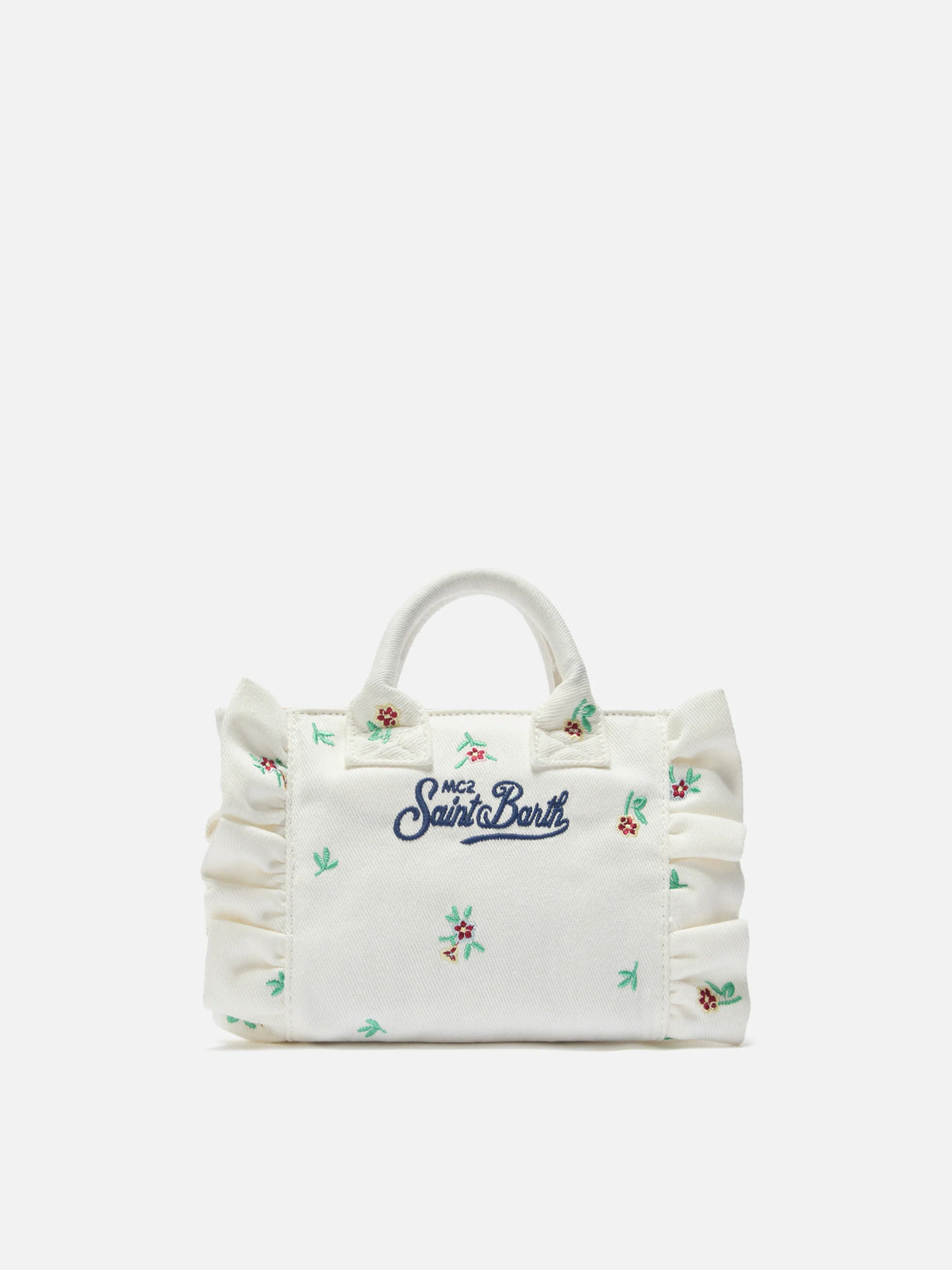 White denim Vanity mini volant bag with embroidered flowers